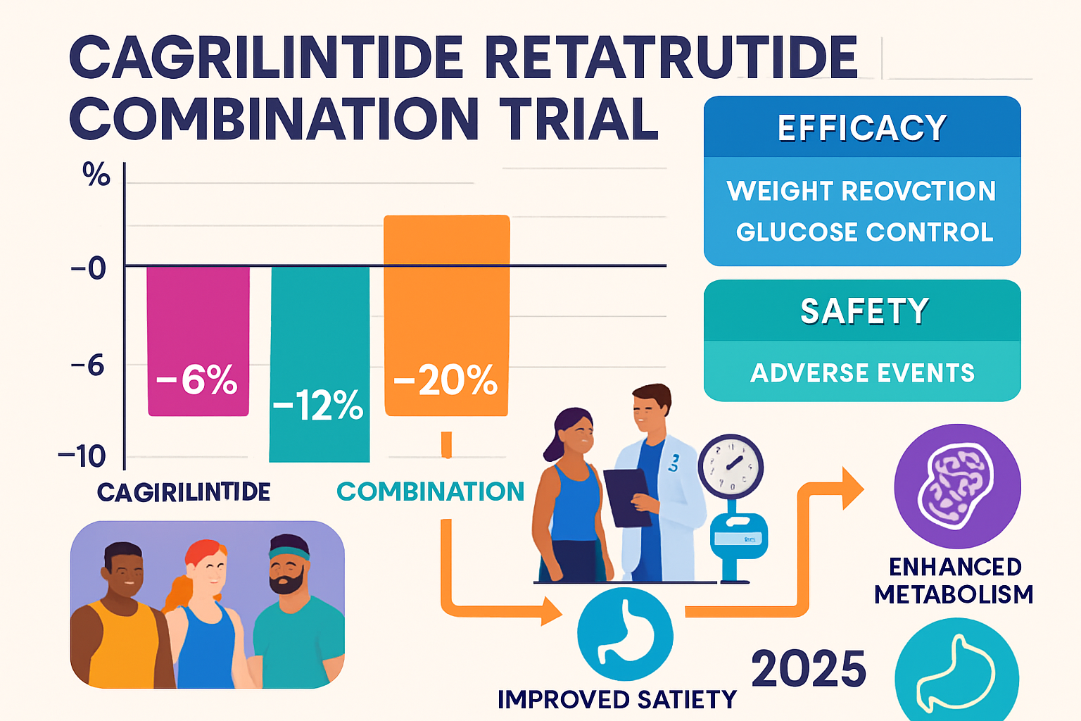 Vibrant infographic (1536x1024) illustrating the 'cagrilintide retatrutide combination trial' data visualization. The central element is a b
