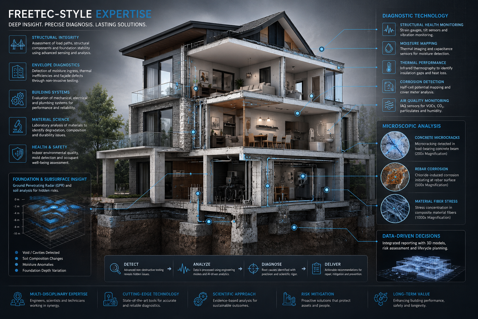 Complex technical illustration depicting 'Freetec-Style Expertise' concept, showing cutaway architectural cross-section of