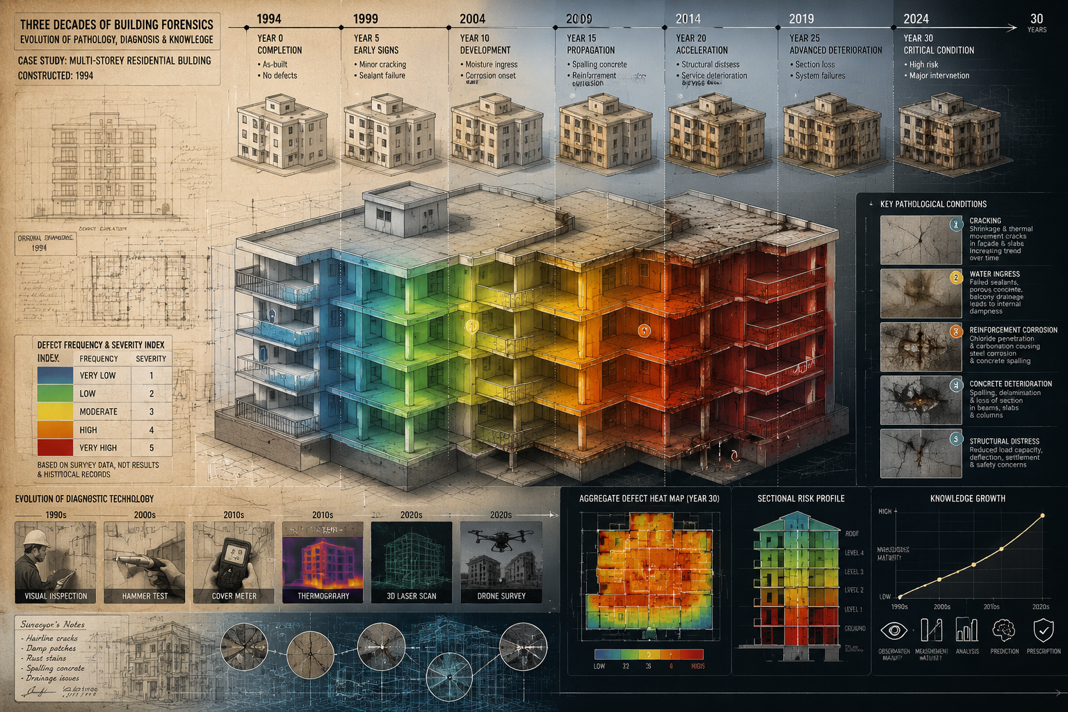 Forensic visual representation of building defect patterns over 30-year timeline, isometric architectural diagram showing