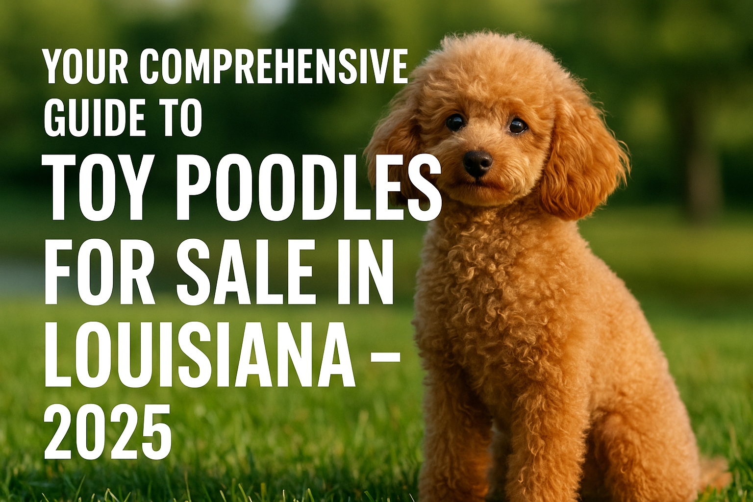 Professional landscape hero image (1536x1024) with bold text overlay: "Your Comprehensive Guide to Toy Poodles for Sale in Louisiana - 2025"