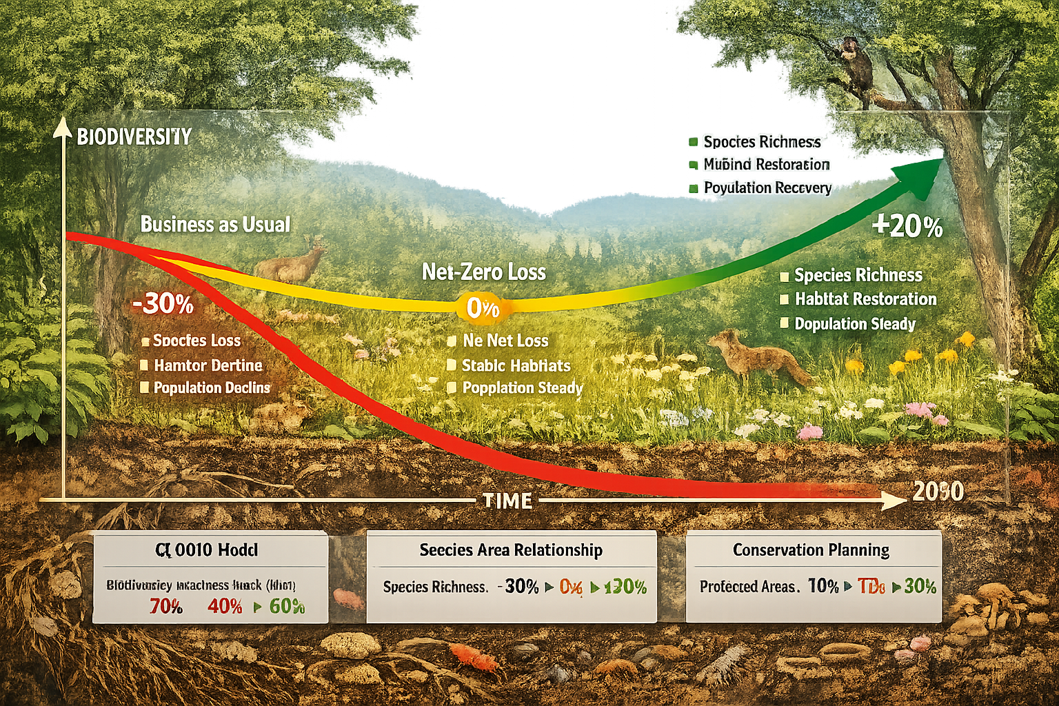 () detailed infographic illustration showing three distinct biodiversity scenario pathways as curved graph lines on