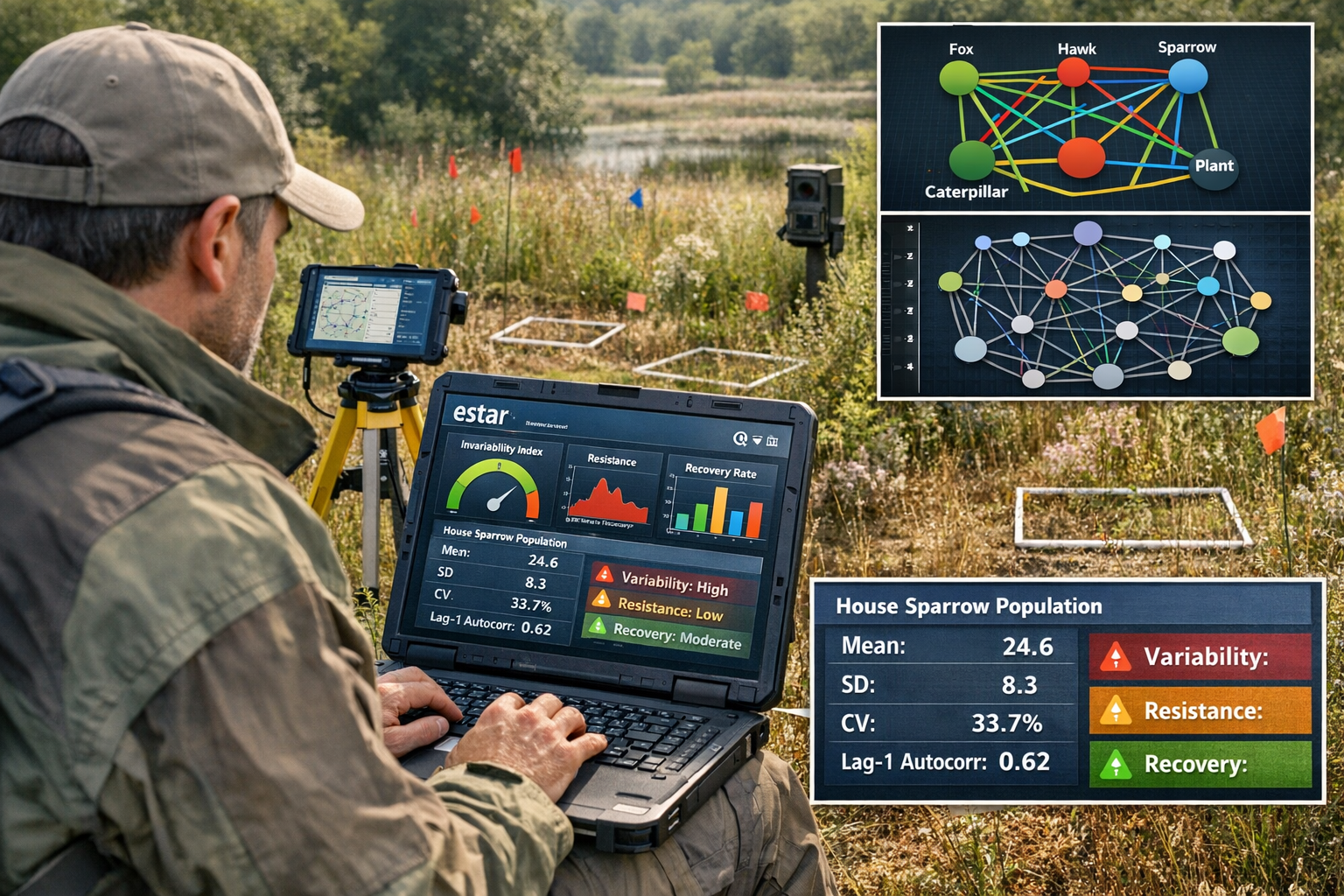 () photorealistic scene of modern ecology surveyor in field using advanced R programming software on ruggedized laptop,