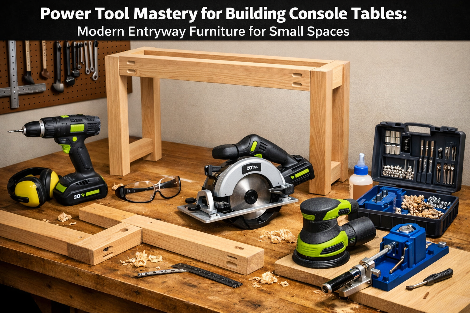 A detailed landscape format (1536x1024) image showing a well-organized workbench with various cordless power tools neatly arranged: a cordle
