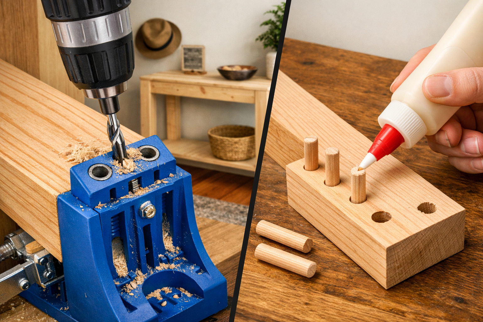 A landscape format (1536x1024) image illustrating different joinery techniques for console tables. One side shows a close-up of a pocket hol
