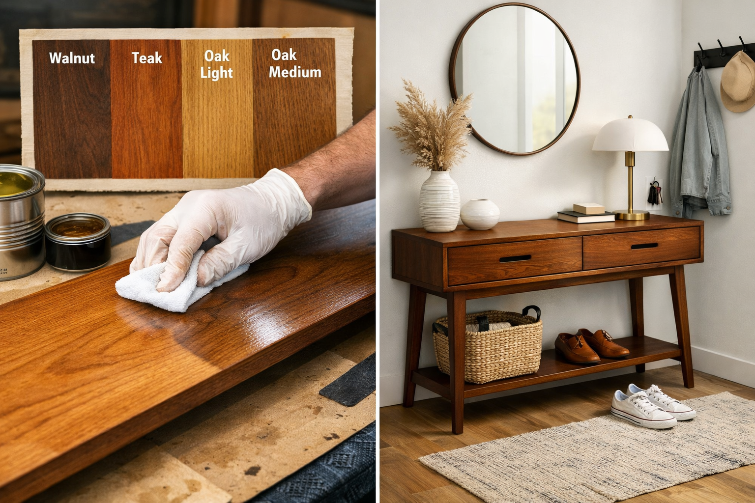 A landscape format (1536x1024) image showcasing the finishing process of a mid-century modern console table. A person is applying a clear fi