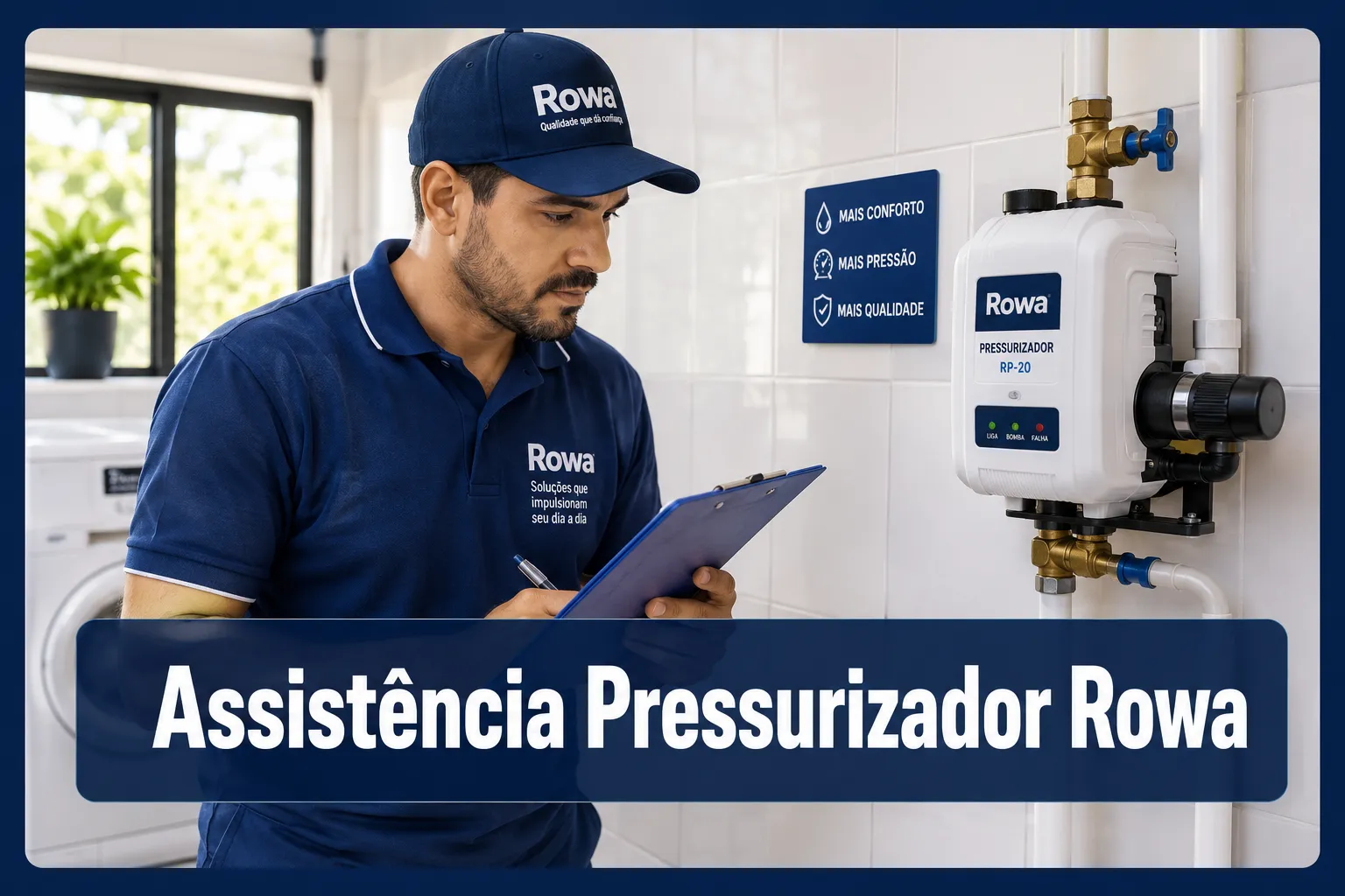 Professional () hero image with (≤42 chars): 'Assistência Pressurizador Rowa', white on a deep navy semi-transparent panel,