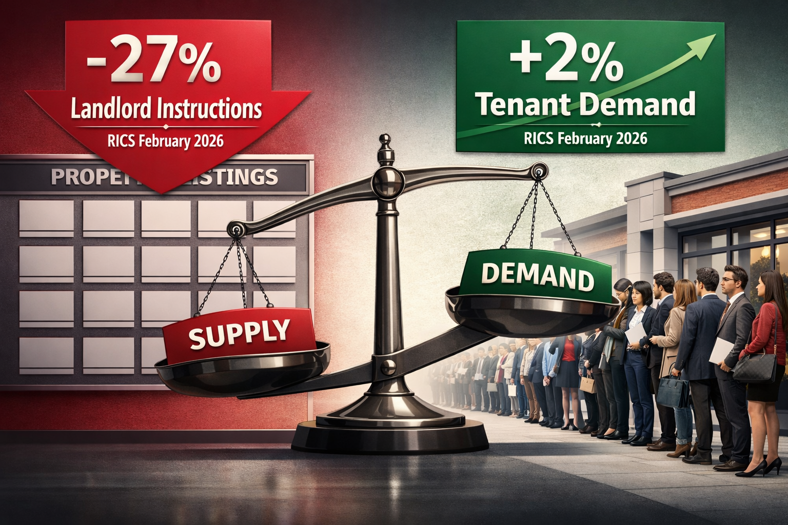 () detailed infographic showing rental market supply-demand imbalance with split-screen composition: left side displays red