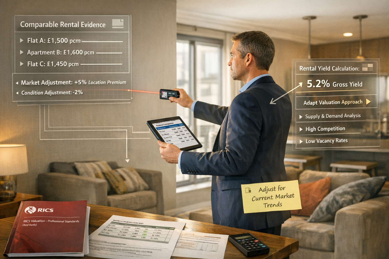 () professional scene showing chartered surveyor conducting rental property valuation in tight lettings market: surveyor in