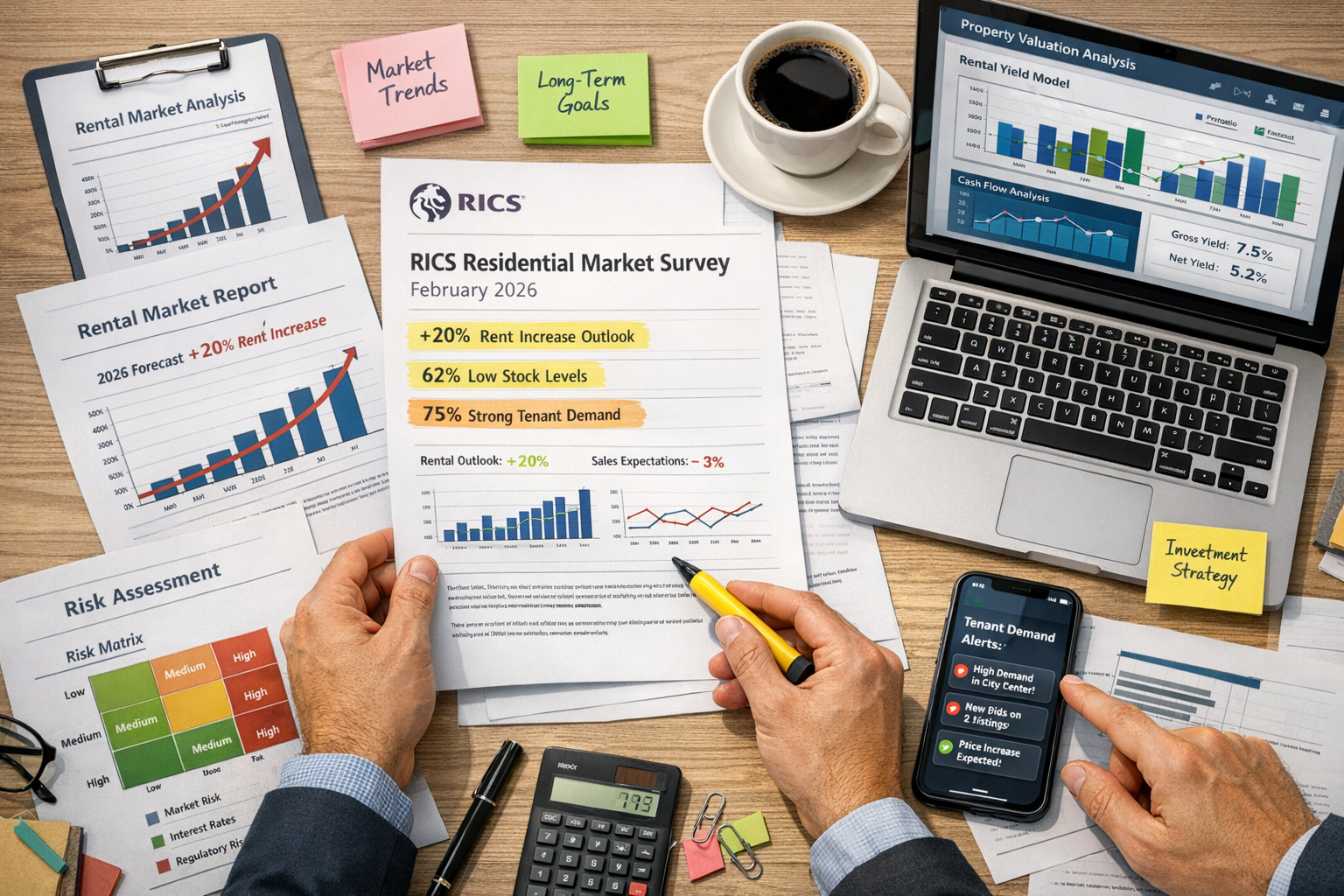 () strategic planning visualization for property surveyors: overhead flat-lay composition featuring desk with multiple