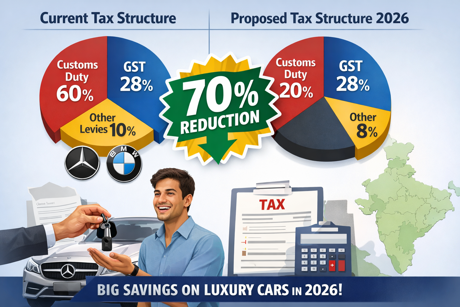 An infographic illustrating the current tax structure on luxury cars in India compared to the proposed new structure, specifically highlight