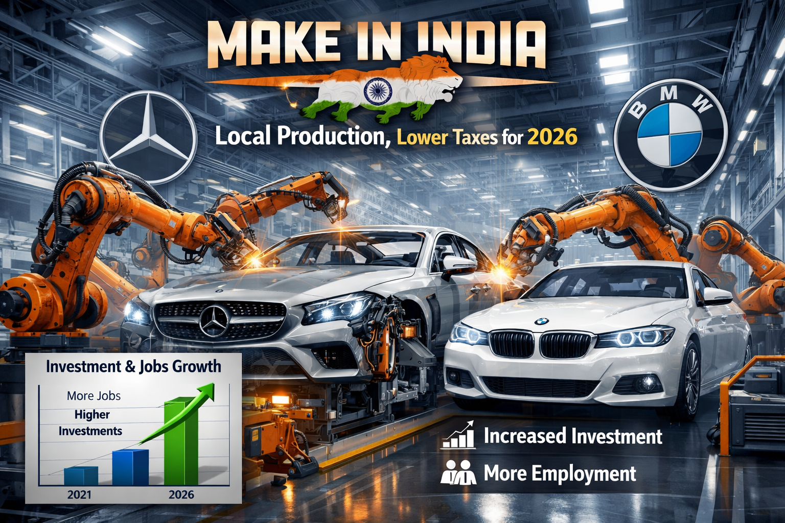 A visual representation of the 'Make in India' initiative's impact on the automotive sector, specifically for luxury brands like Mercedes-Be