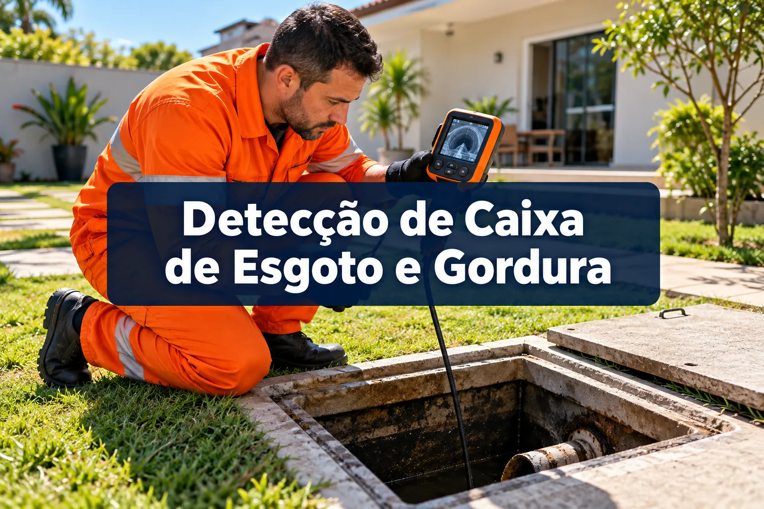 Professional () hero image with SHORT (≤42 chars): 'Detecção de Caixa de Esgoto e Gordura', white on a dark semi-transparent