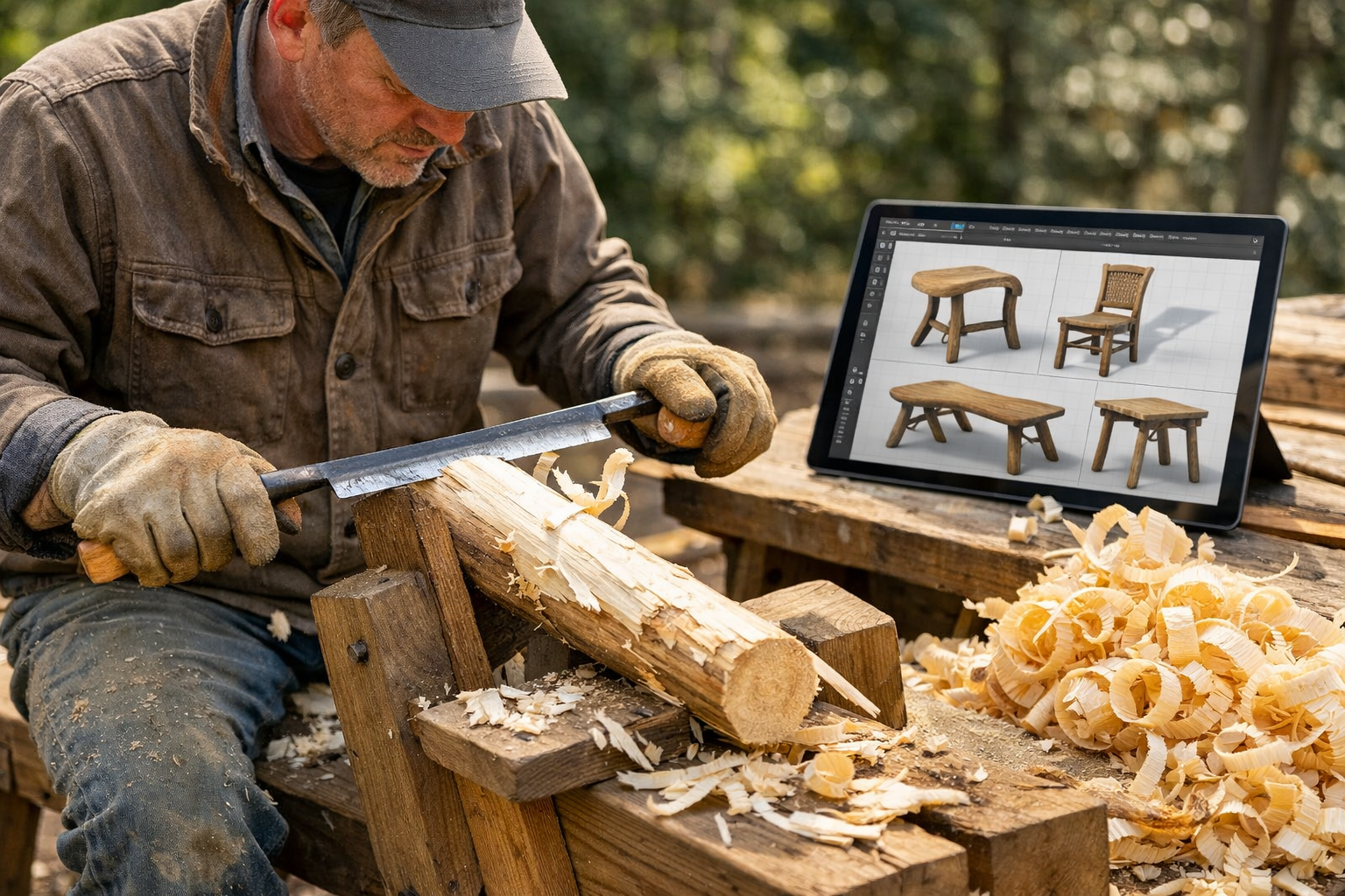 Landscape format (1536x1024) image depicting a hands-on guide to green woodworking: A skilled artisan, wearing work gloves, is shaping a pie
