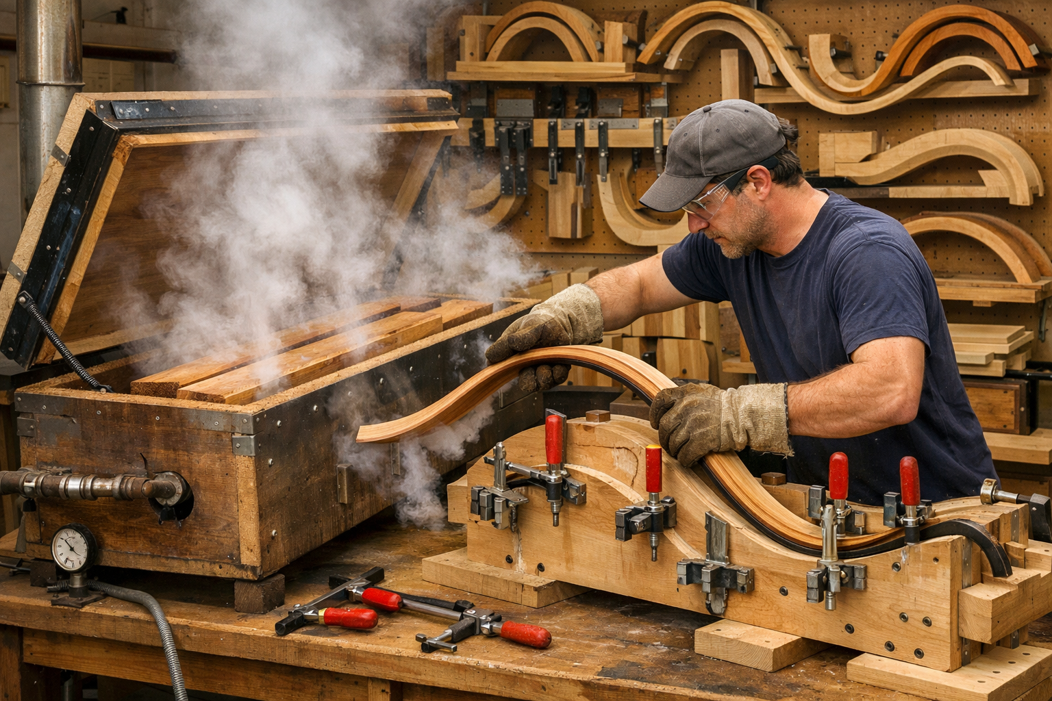 Landscape format (1536x1024) image illustrating the steam bending process for shaping living wood: A section of a custom-built steam box is 