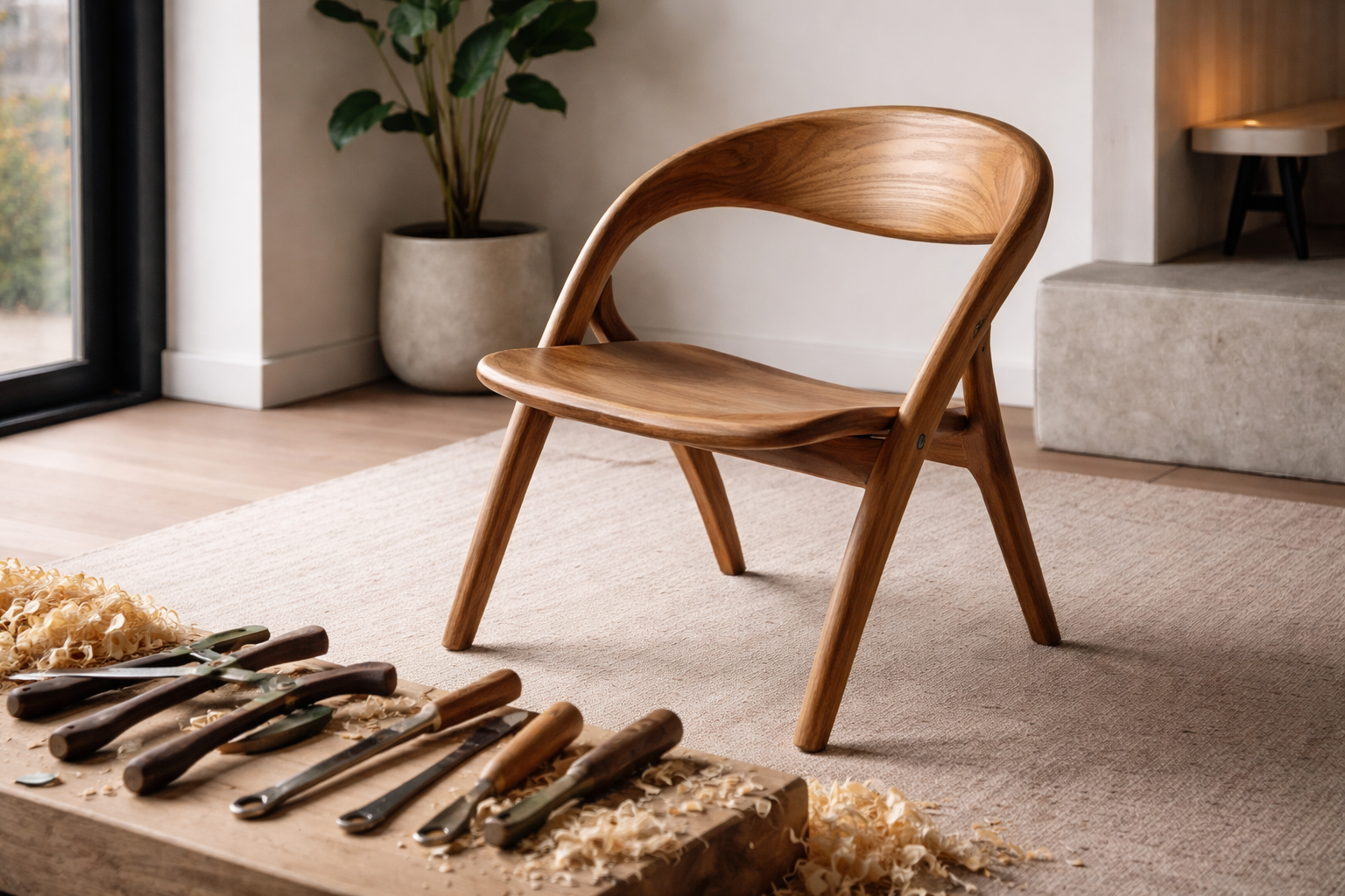 Landscape format (1536x1024) image showcasing advanced Green Woodworking Techniques and their application in contemporary design: A beautifu