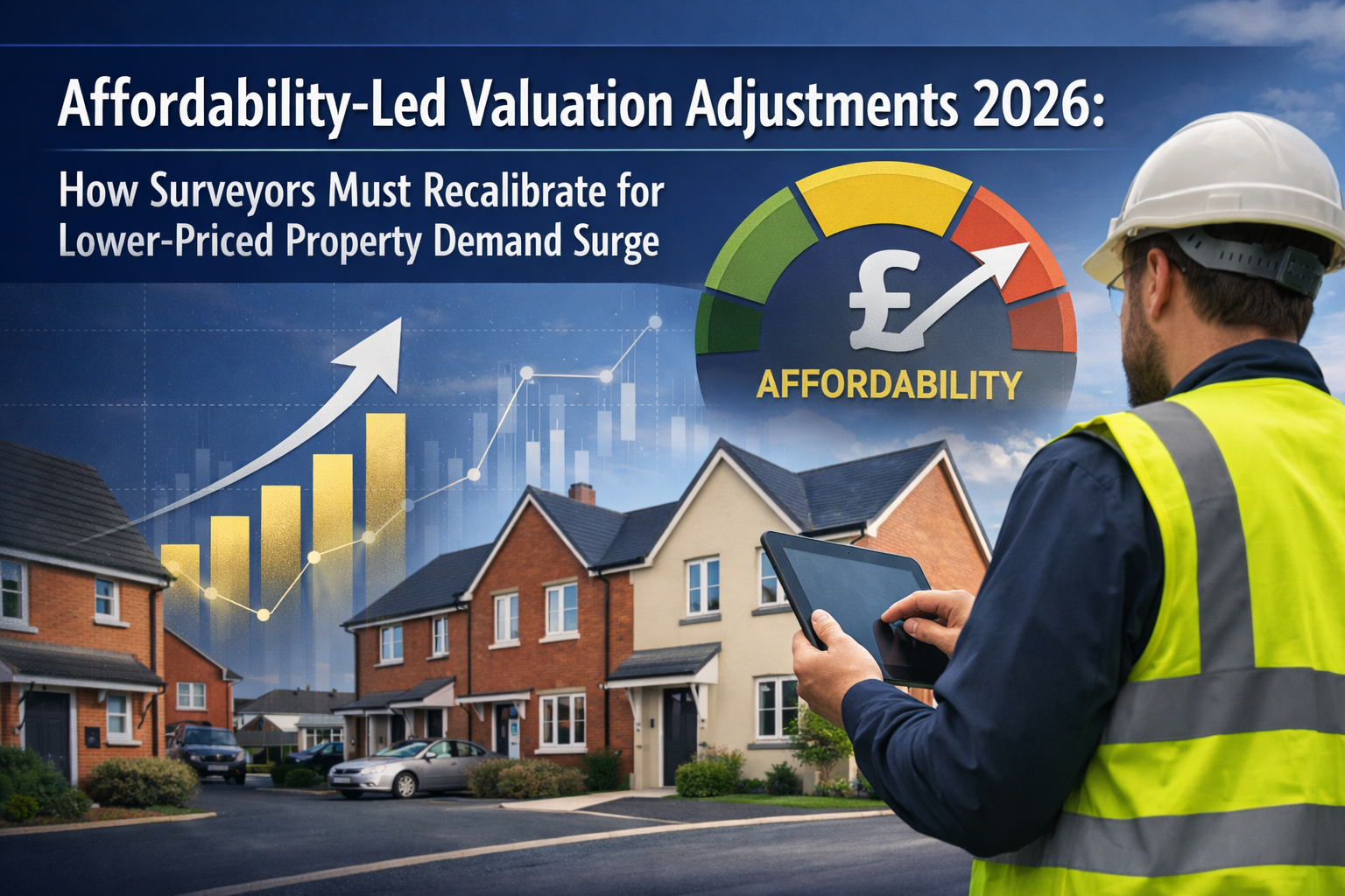 Professional landscape format (1536x1024) hero image featuring bold text overlay 'Affordability-Led Valuation Adjustments 2026: How Surveyor