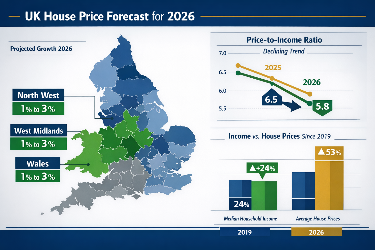 Detailed landscape format (1536x1024) infographic showing UK regional house price forecast map for 2026 with West Midlands, North West, and 