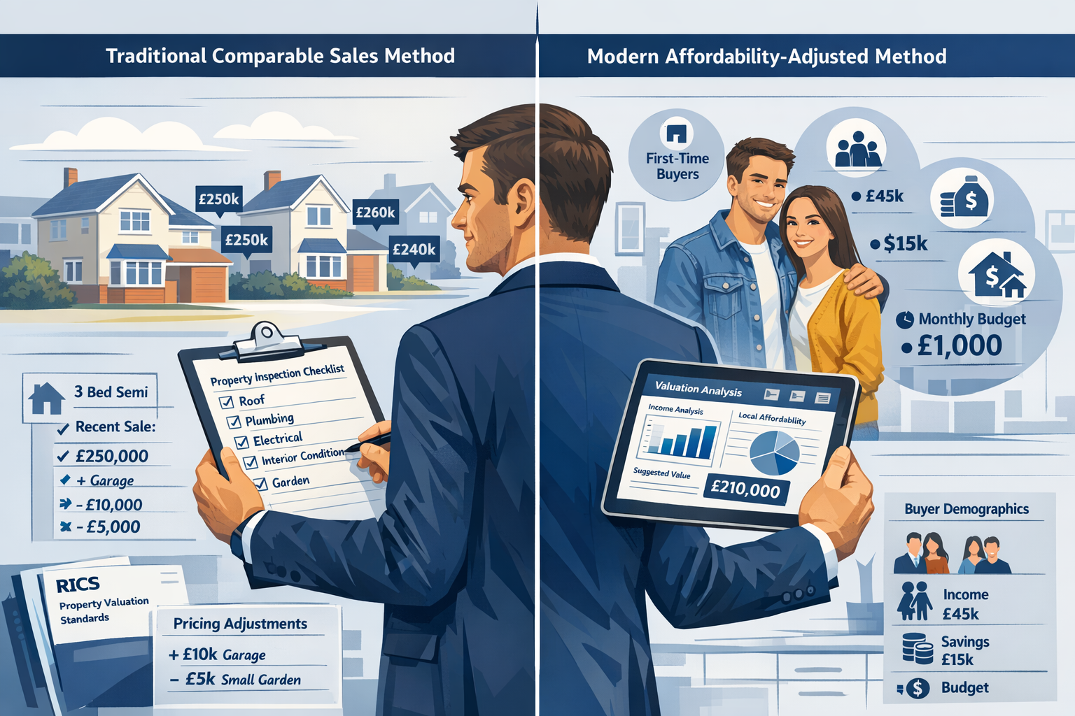 Landscape format (1536x1024) detailed illustration showing professional surveyor conducting property valuation in affordable UK home, split-