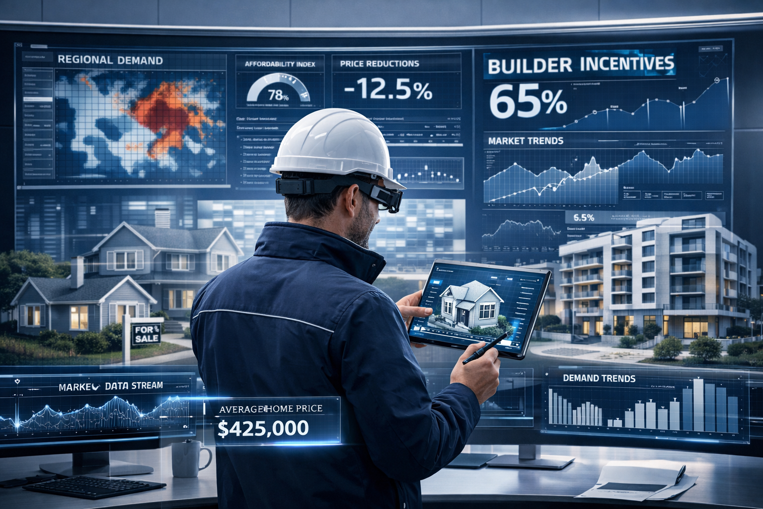 Professional landscape format (1536x1024) conceptual image depicting future of property surveying in 2026, central focus on surveyor using a
