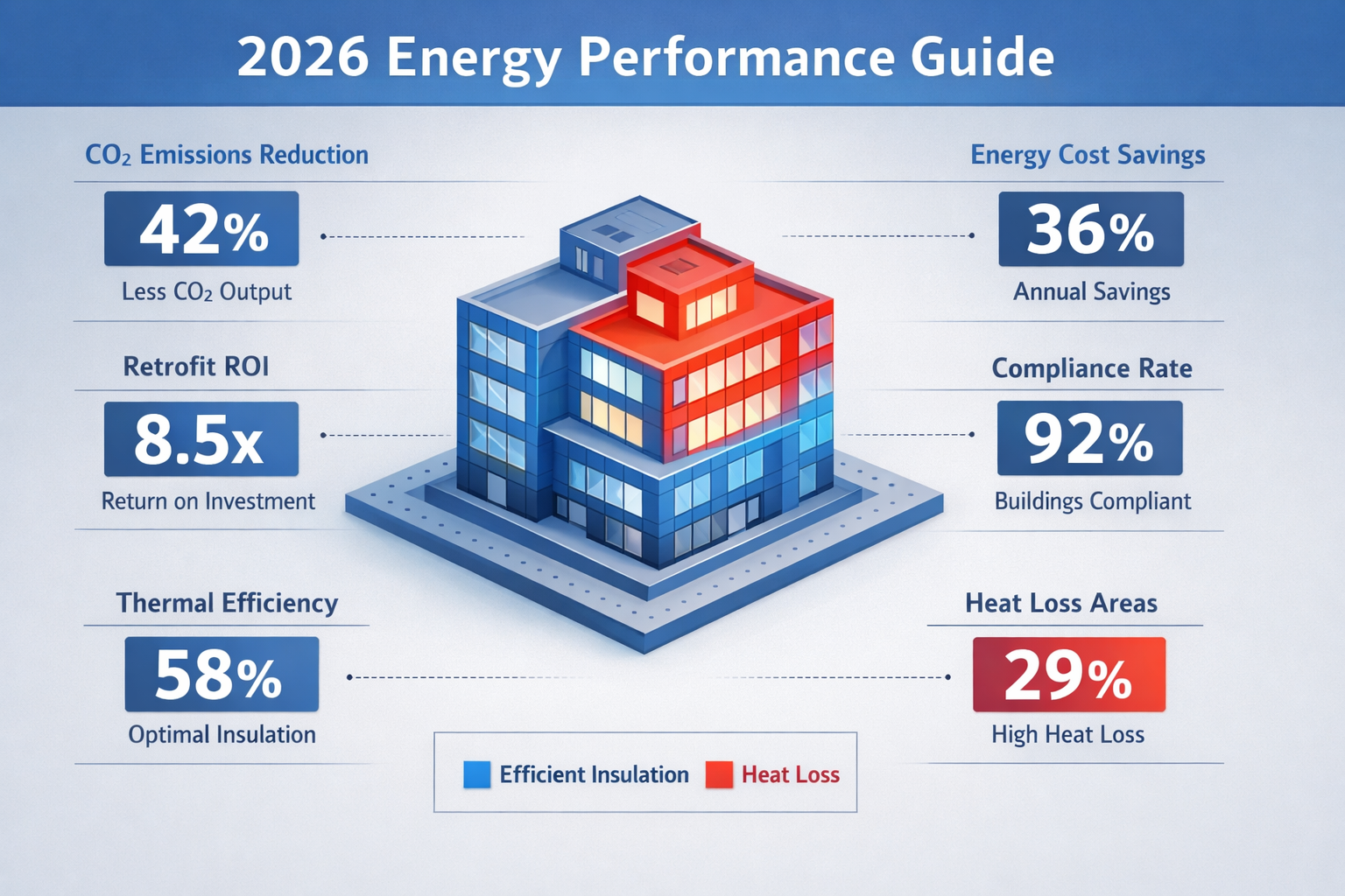 Key takeaways infographic visualizing energy performance metrics for 2026 building surveys, featuring a central isometric building diagram w