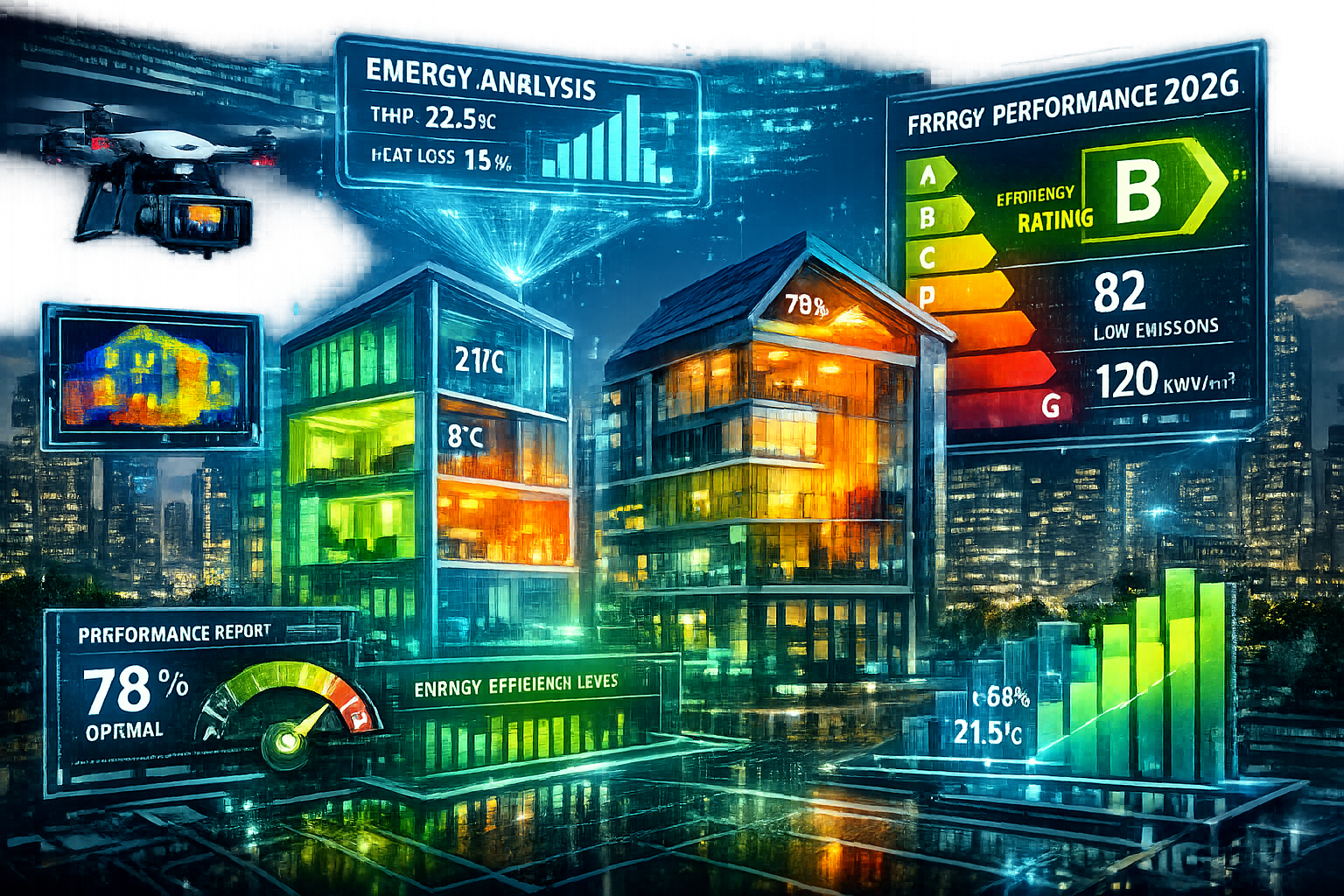 Futuristic landscape visualization of urban skyline showcasing thermal performance assessment technologies, featuring semi-transparent build