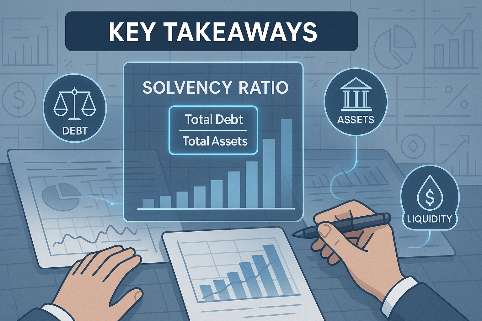Key Takeaways section visualization: Overhead view of a financial analyst's workspace with multiple transparent overlapping charts showing s