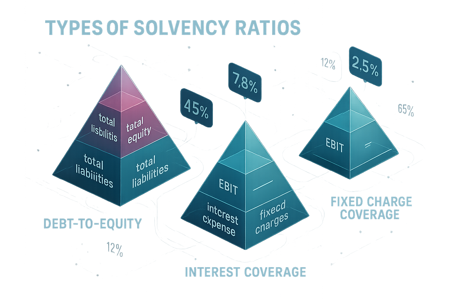 Types of Solvency Ratios section graphic: Isometric data visualization displaying multiple 3D financial ratio pyramids, each representing di