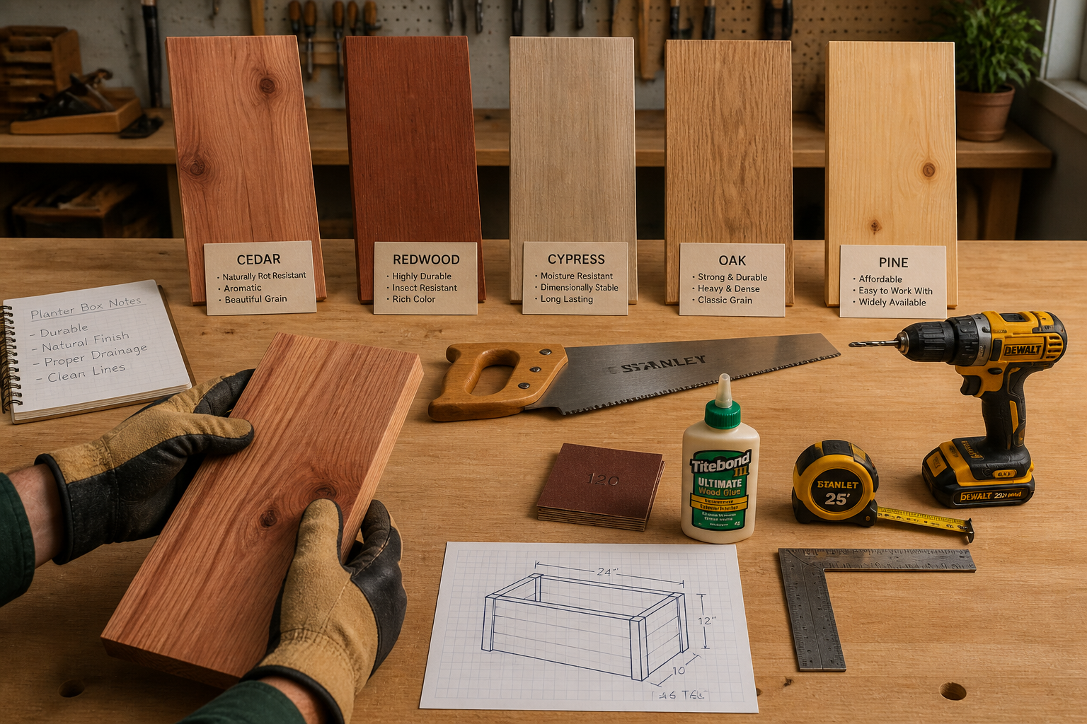 A detailed () image for the 'Choosing the Right Wood and Essential Tools' section. The scene shows a workbench with various
