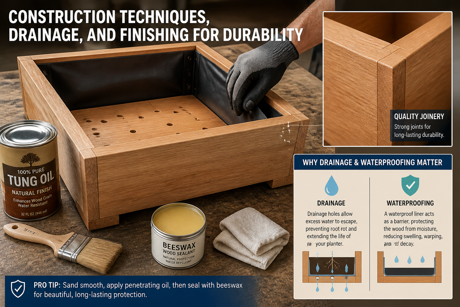 A detailed () image for the 'Construction Techniques, Drainage, and Finishing for Durability' section. The image features a