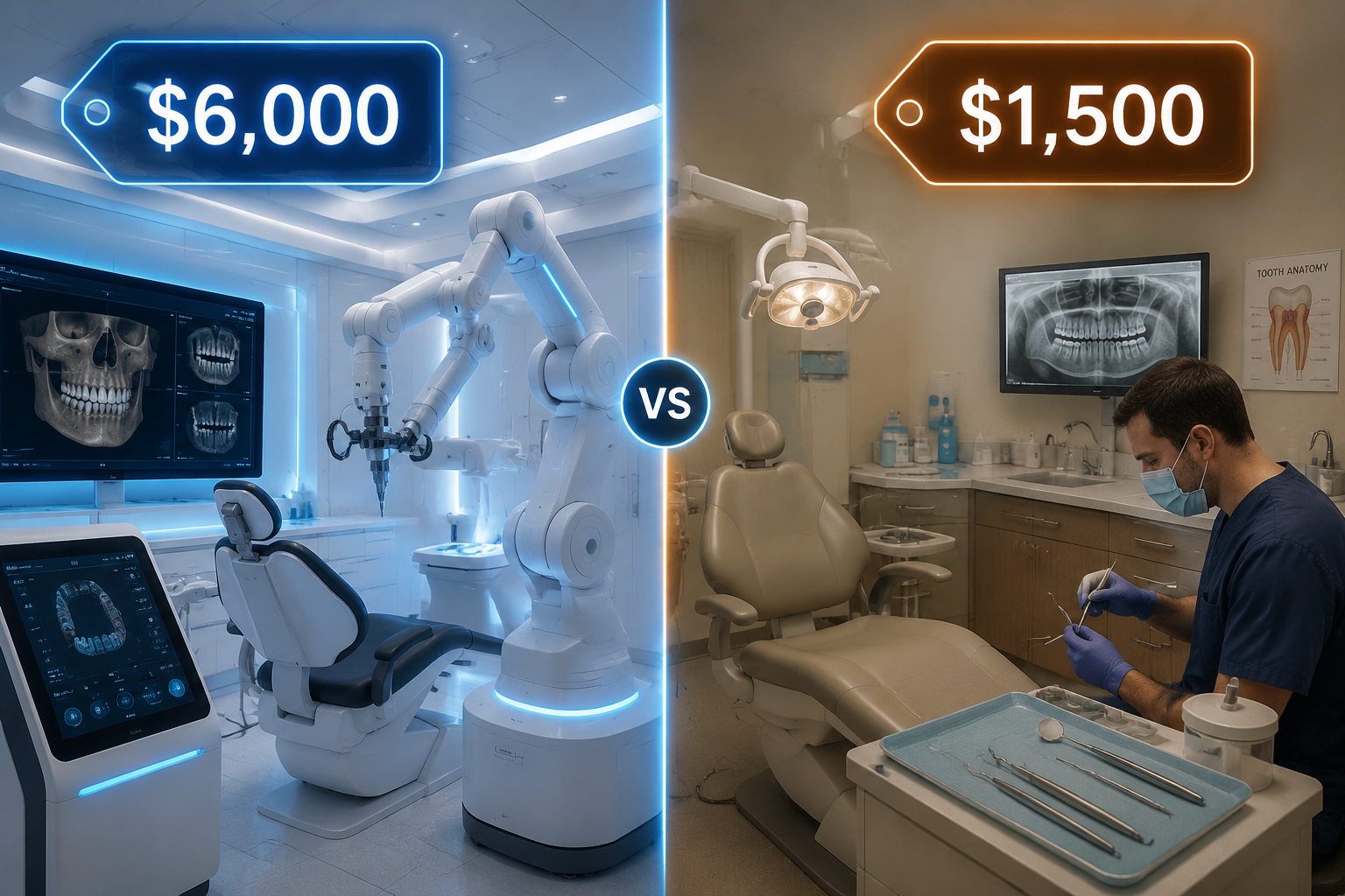 Detailed () image showing a split view of two contrasting dental clinic environments. On one side, a minimalist, high-tech