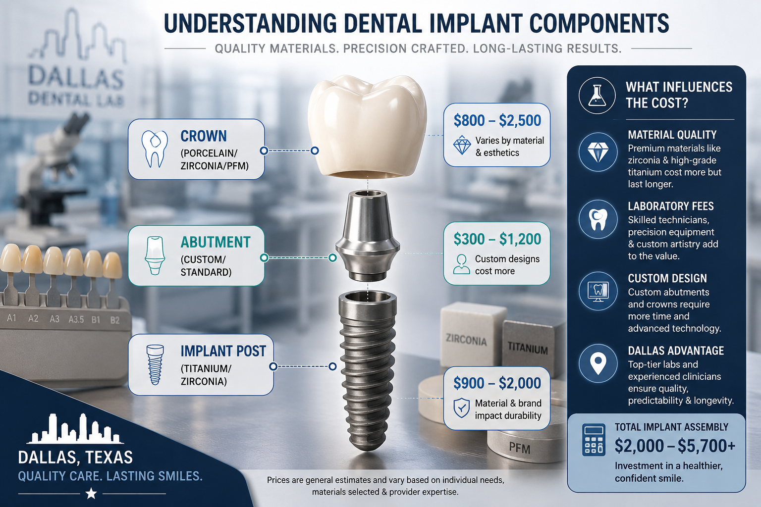 () infographic illustrating the components of a dental implant. Show a deconstructed implant with clear labels for 'Implant