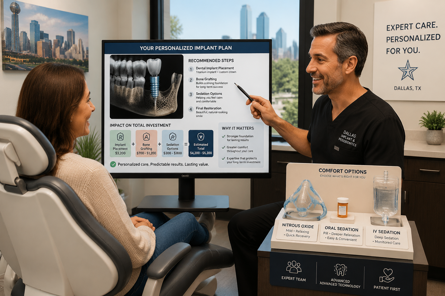 () image depicting a patient comfortably seated in a modern dental chair, receiving a dental consultation. The dentist is