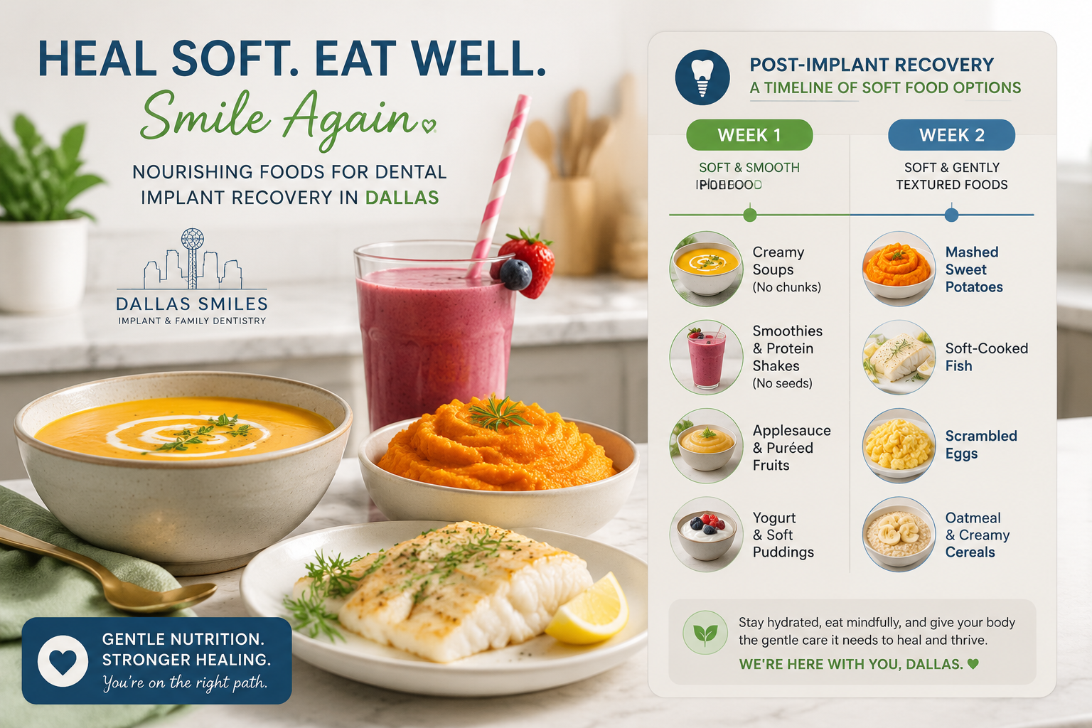 () image featuring a vibrant, appealing arrangement of soft, nutrient-dense foods suitable for post-dental implant surgery.
