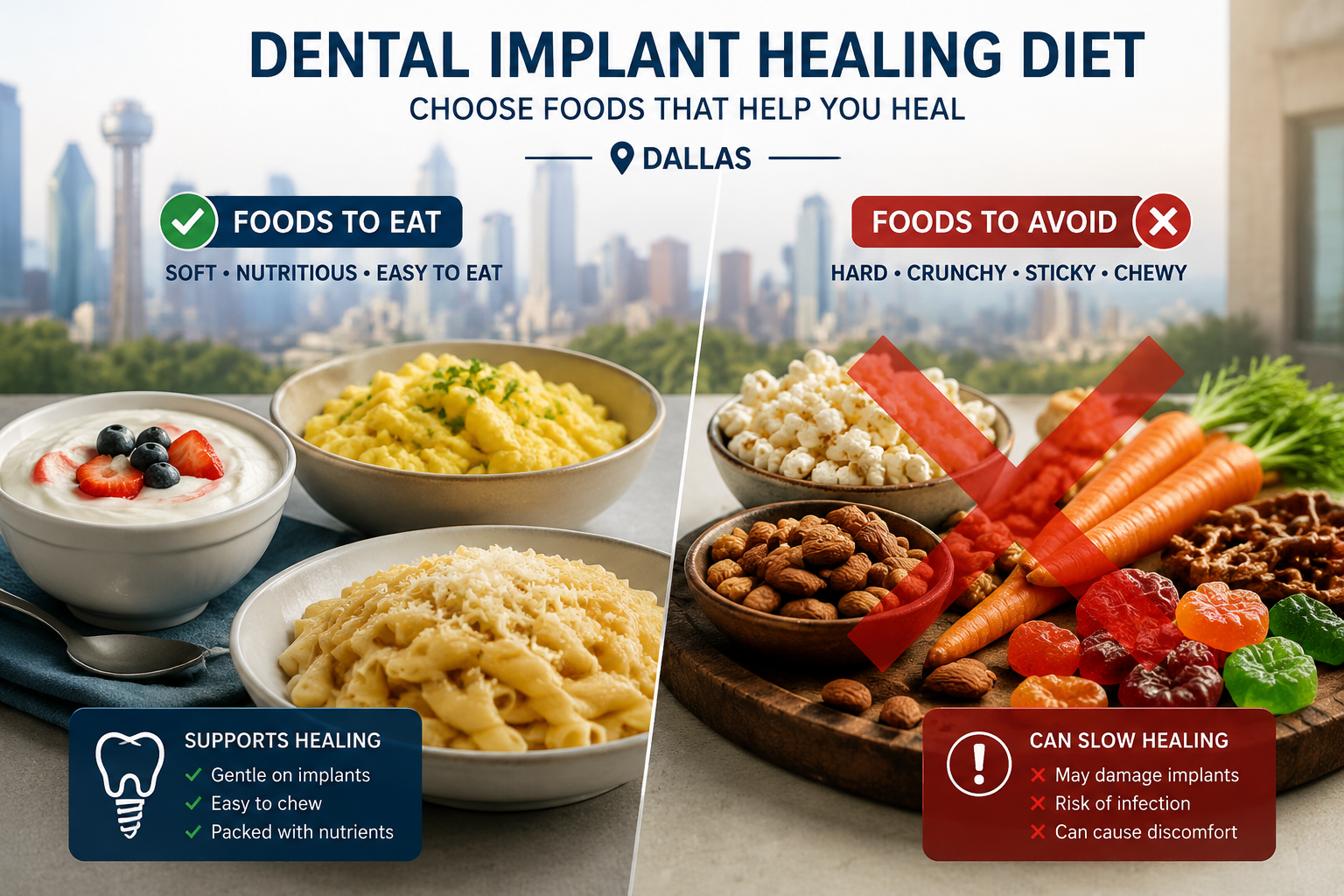 () image illustrating a clear contrast between foods to eat and foods to avoid during dental implant healing. On one side,
