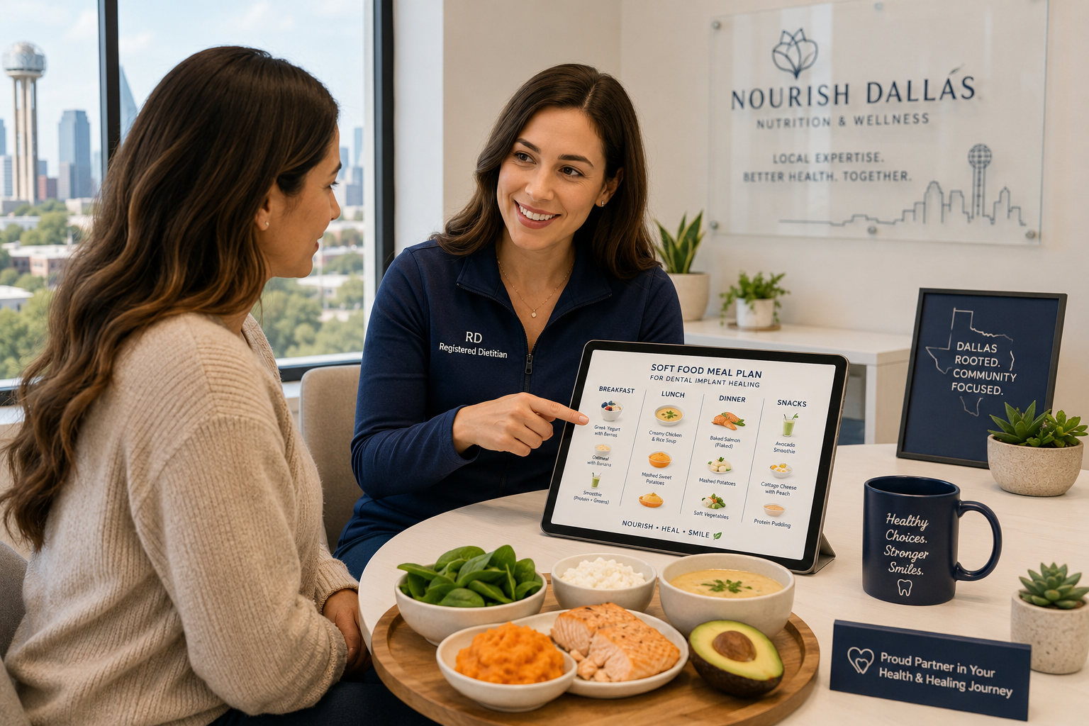 () image depicting a friendly, brightly lit office setting. The dietitian is pointing to an easy-to-understand meal plan on