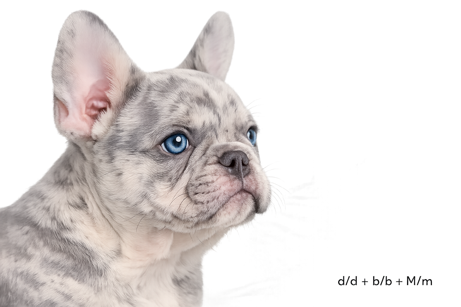 Detailed () editorial illustration showing a close-up side profile of a lilac merle French Bulldog puppy with visible merle