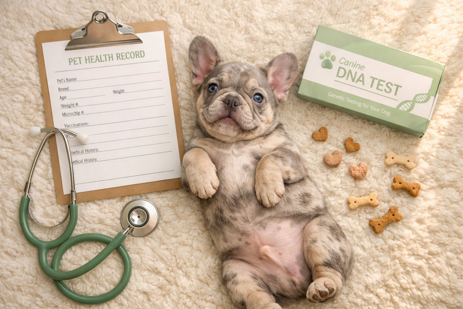 () overhead flat-lay composition showing a lilac merle Frenchie puppy lying on a plush cream rug surrounded by a veterinary