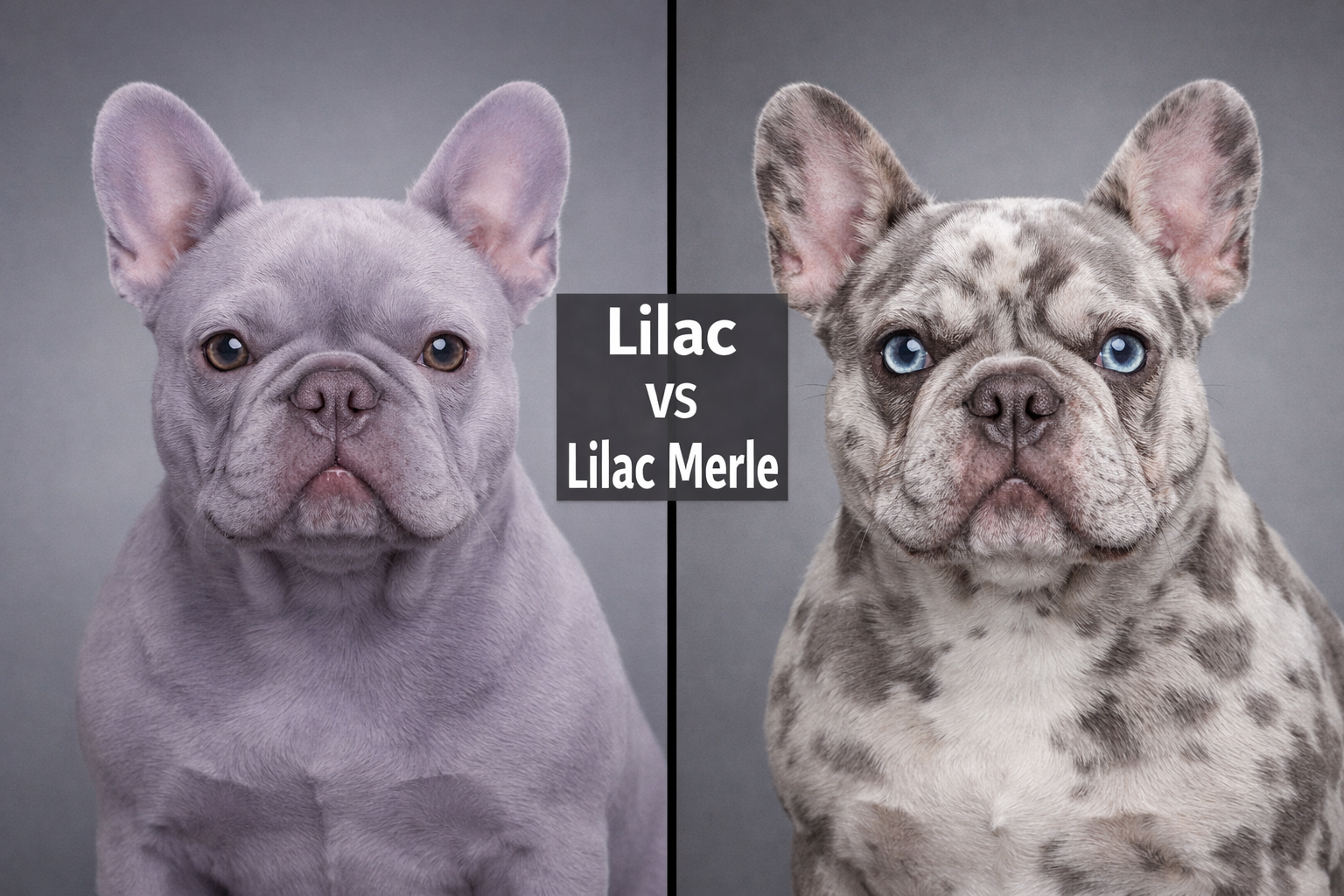 () split-panel comparison image: left side shows a solid lilac French Bulldog with uniform pale lavender coat, right side