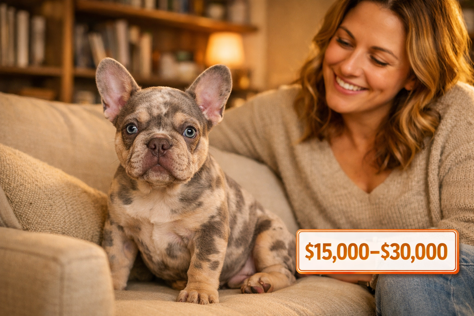 () lifestyle scene showing a lilac merle French Bulldog puppy sitting on a modern living room couch next to a smiling adult