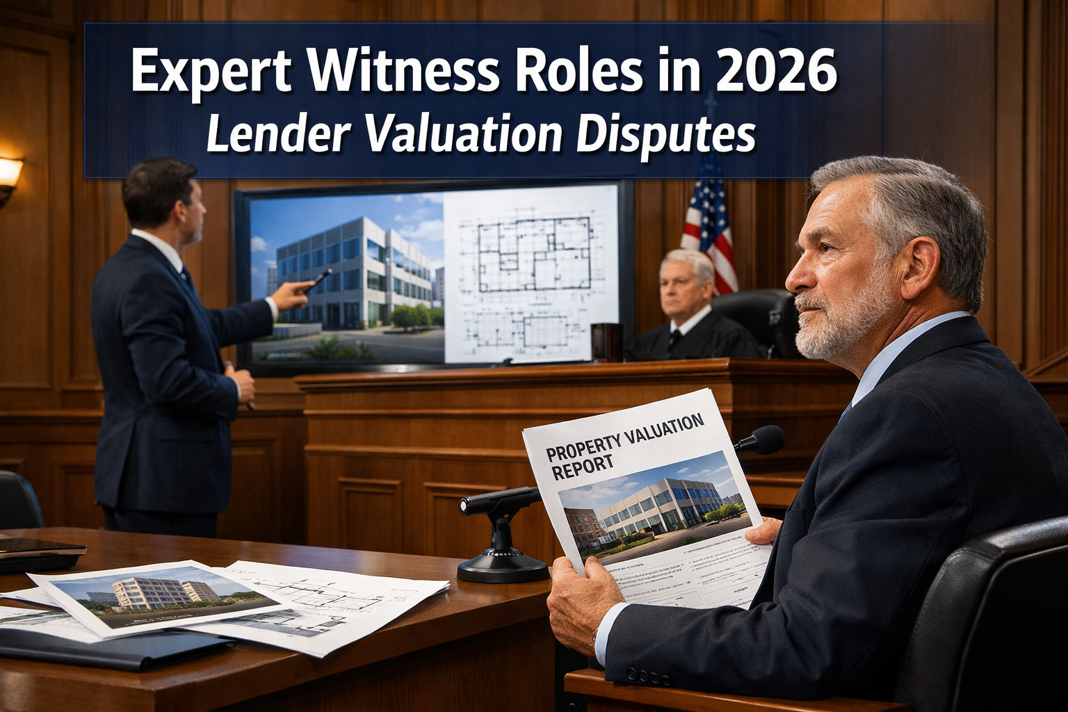 Professional () hero image featuring 'Expert Witness Roles in 2026 Lender Valuation Disputes' in extra large white with dark