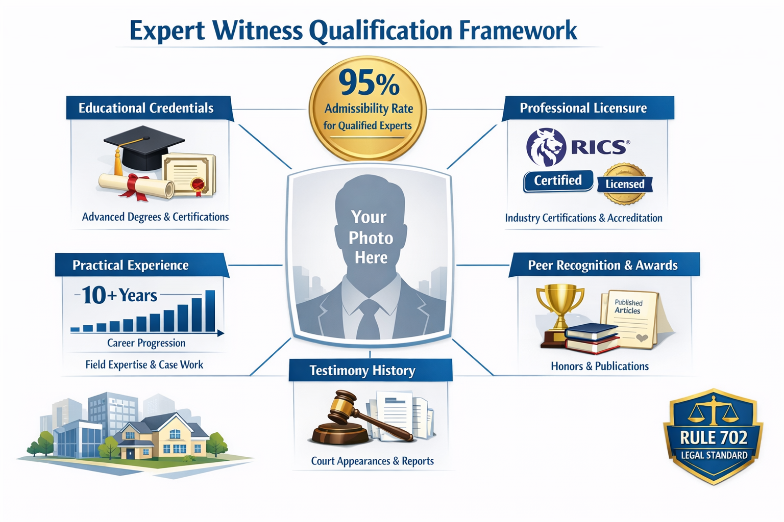 () detailed infographic showing expert witness qualification framework with central professional headshot placeholder