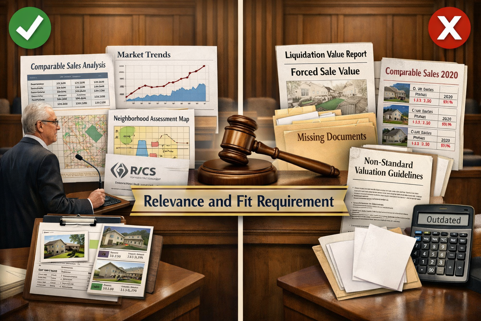 () split-screen comparison illustration showing correct versus incorrect valuation methodology application. Left side (green