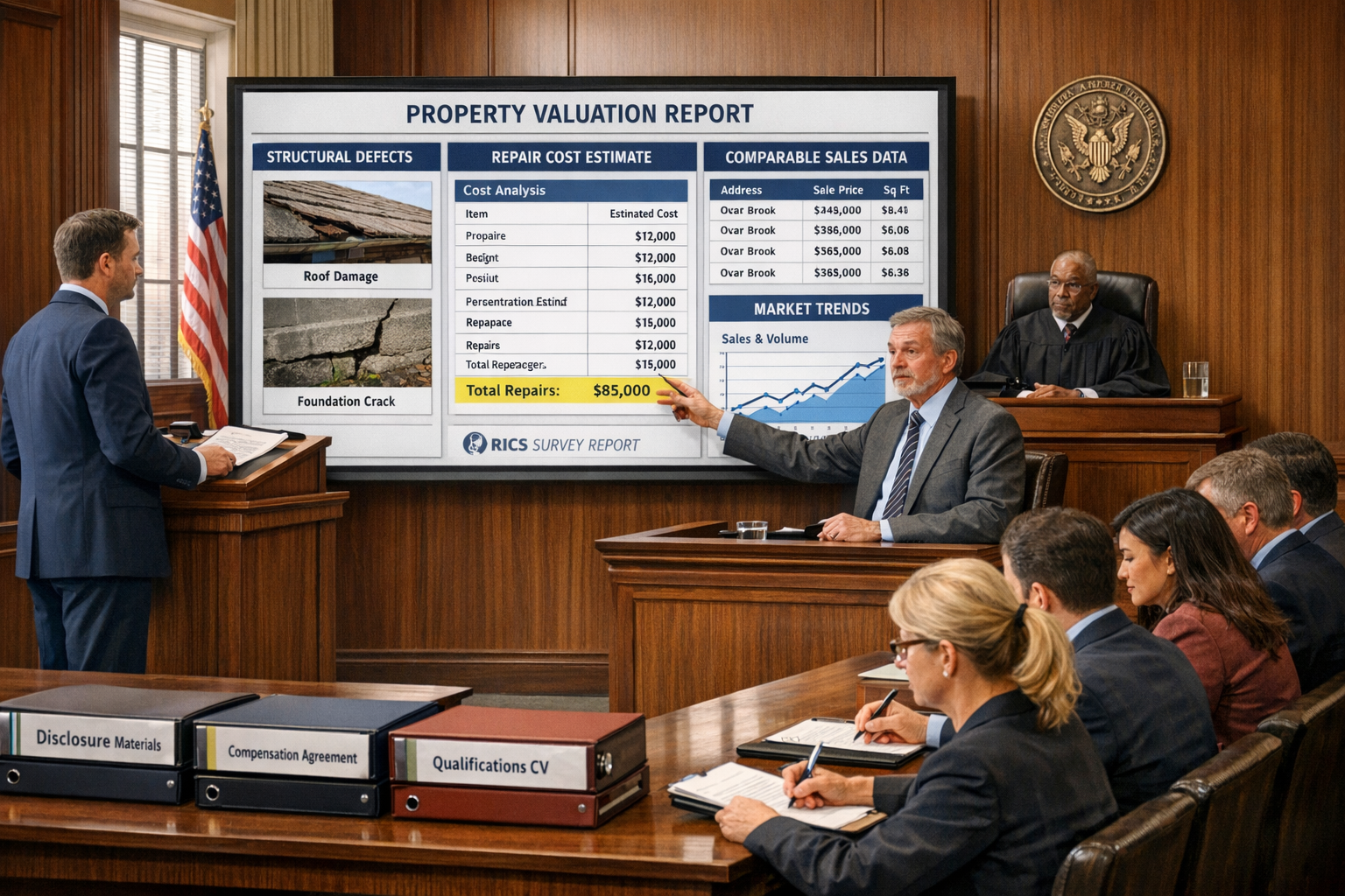 () detailed courtroom testimony scene showing expert witness on stand presenting building survey evidence to jury. Large