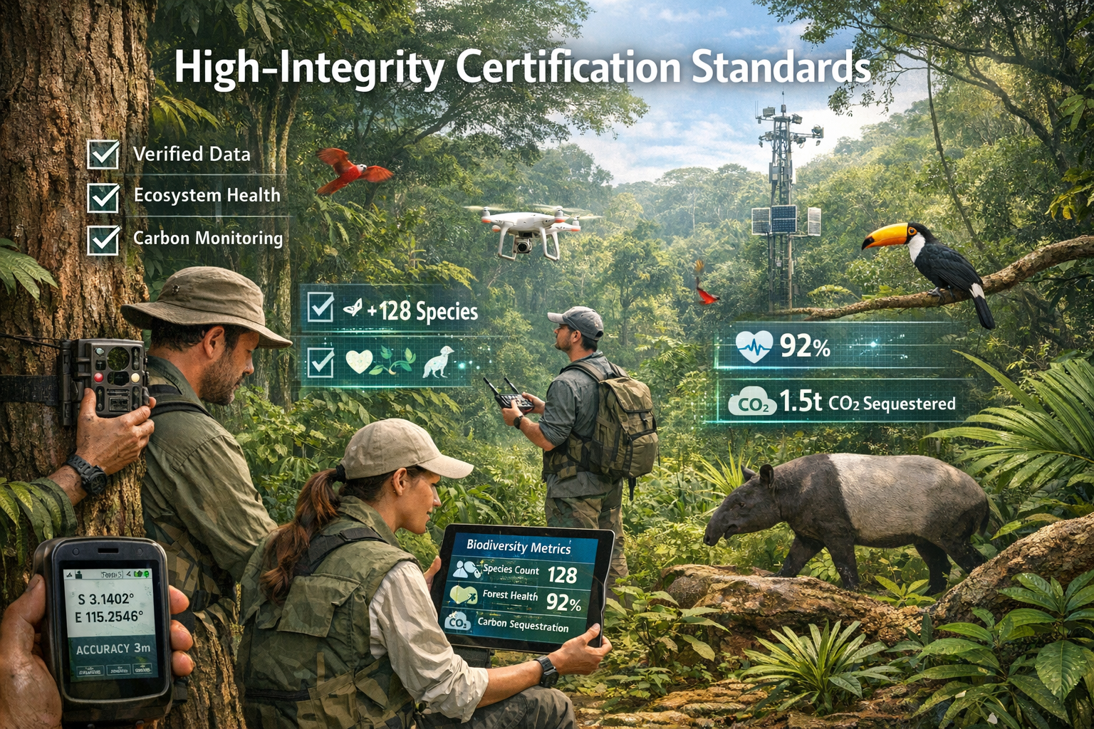Detailed landscape format (1536x1024) image showing professional biodiversity surveyor team conducting field assessment in tropical rainfore