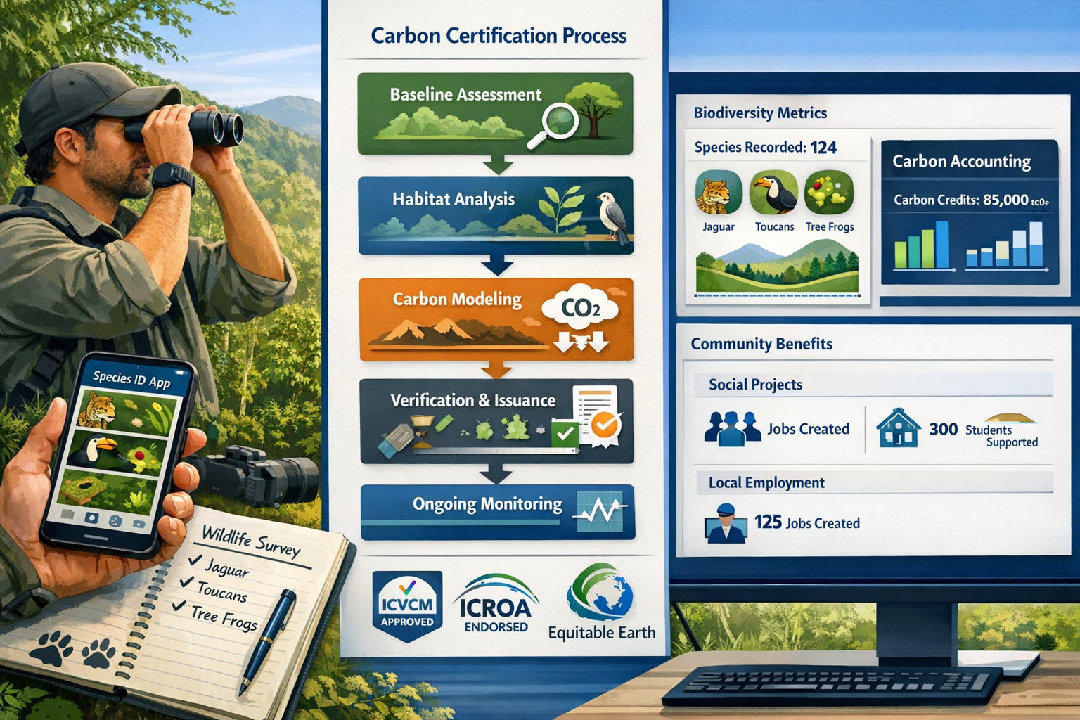 Detailed landscape format (1536x1024) infographic-style image depicting biodiversity surveyor workflow for carbon certification projects. Sp