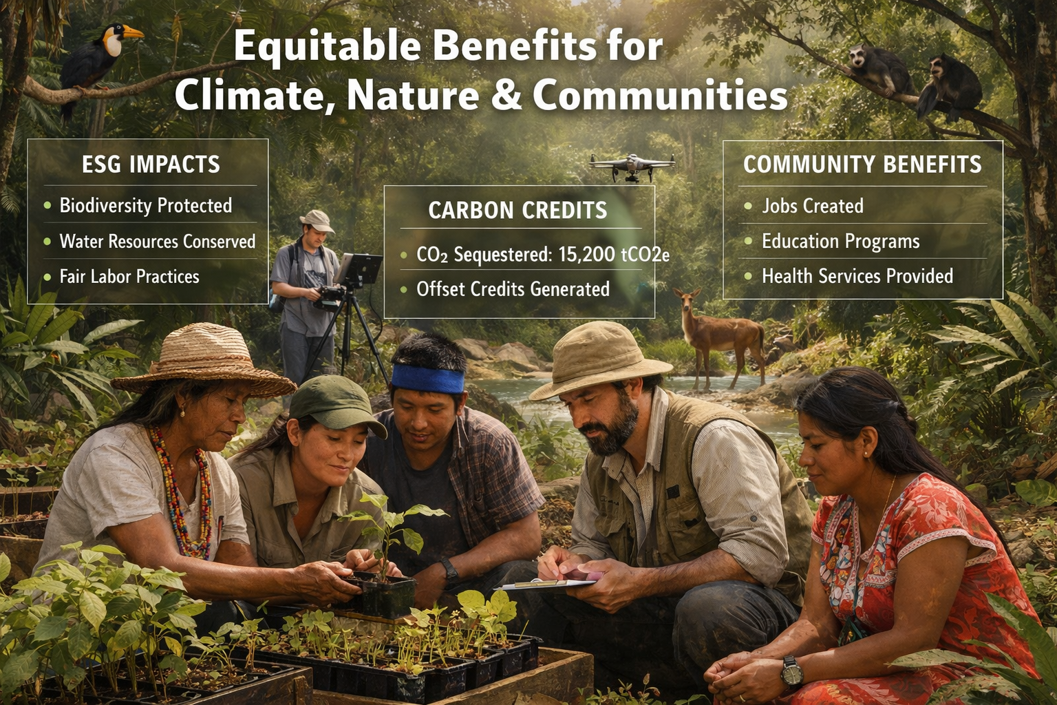 Detailed landscape format (1536x1024) image showing collaborative ecosystem restoration project with biodiversity surveyors working alongsid