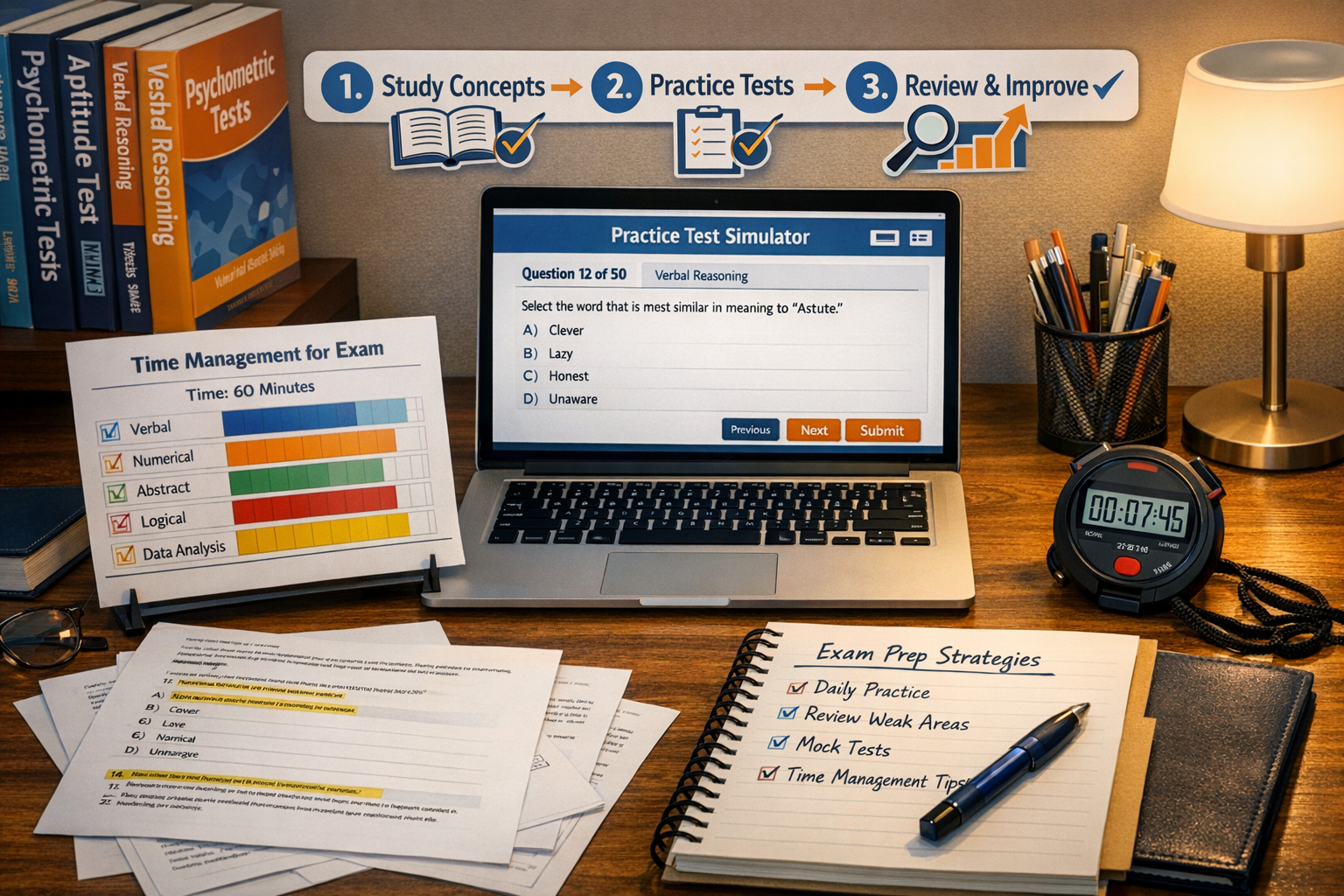 Detailed landscape format (1536x1024) image showing comprehensive strategy planning scene for psychometric exam preparation. Central focus o