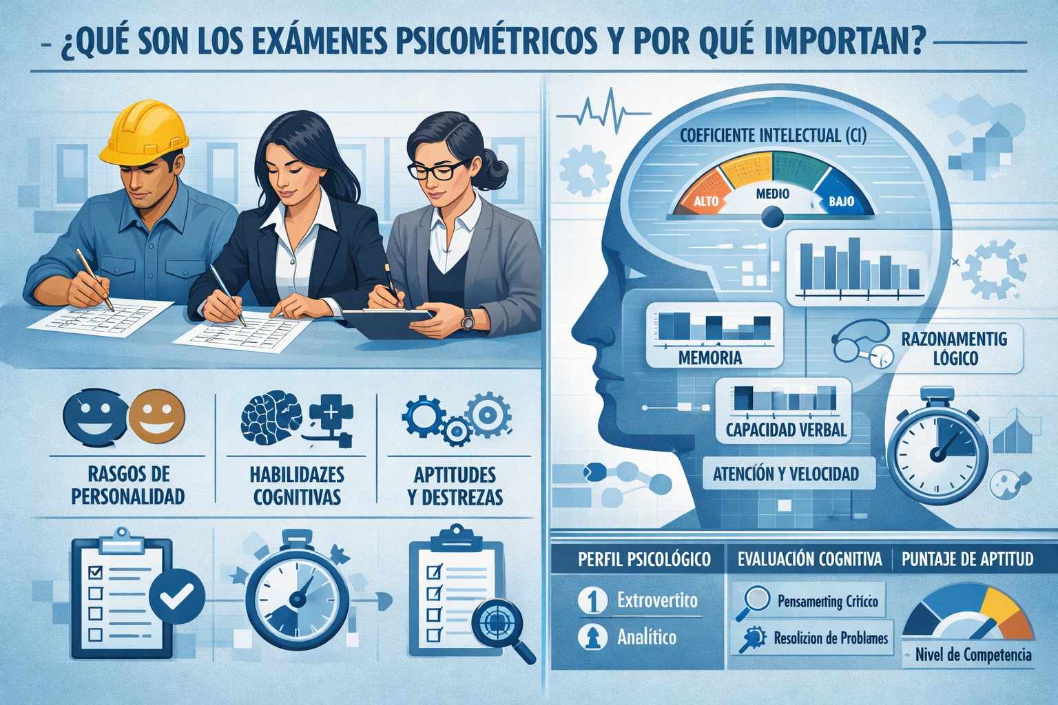 Detailed editorial illustration explaining 'Qué Son los Exámenes Psicométricos y Por Qué Importan' - Split-screen visual with left side show
