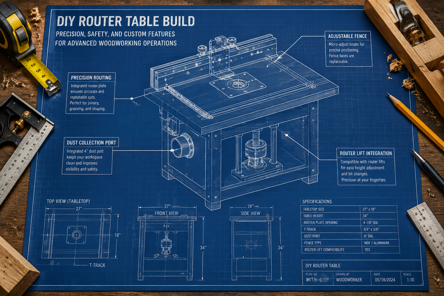 () image showcasing a detailed blueprint or schematic of a DIY router table, highlighting the different components: a sturdy