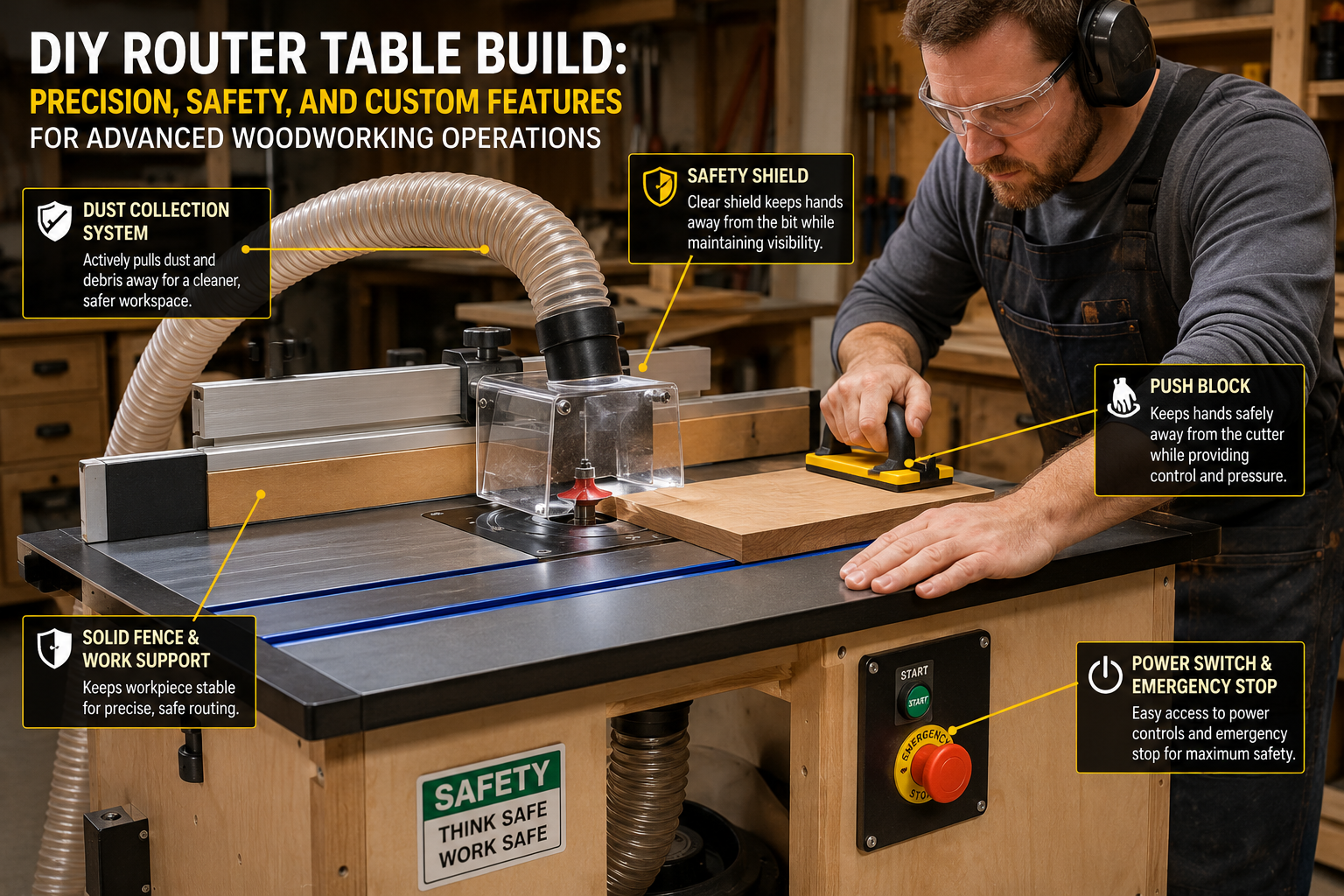 () image demonstrating the safety features of a custom-built router table in action. The scene depicts a woodworker (wearing
